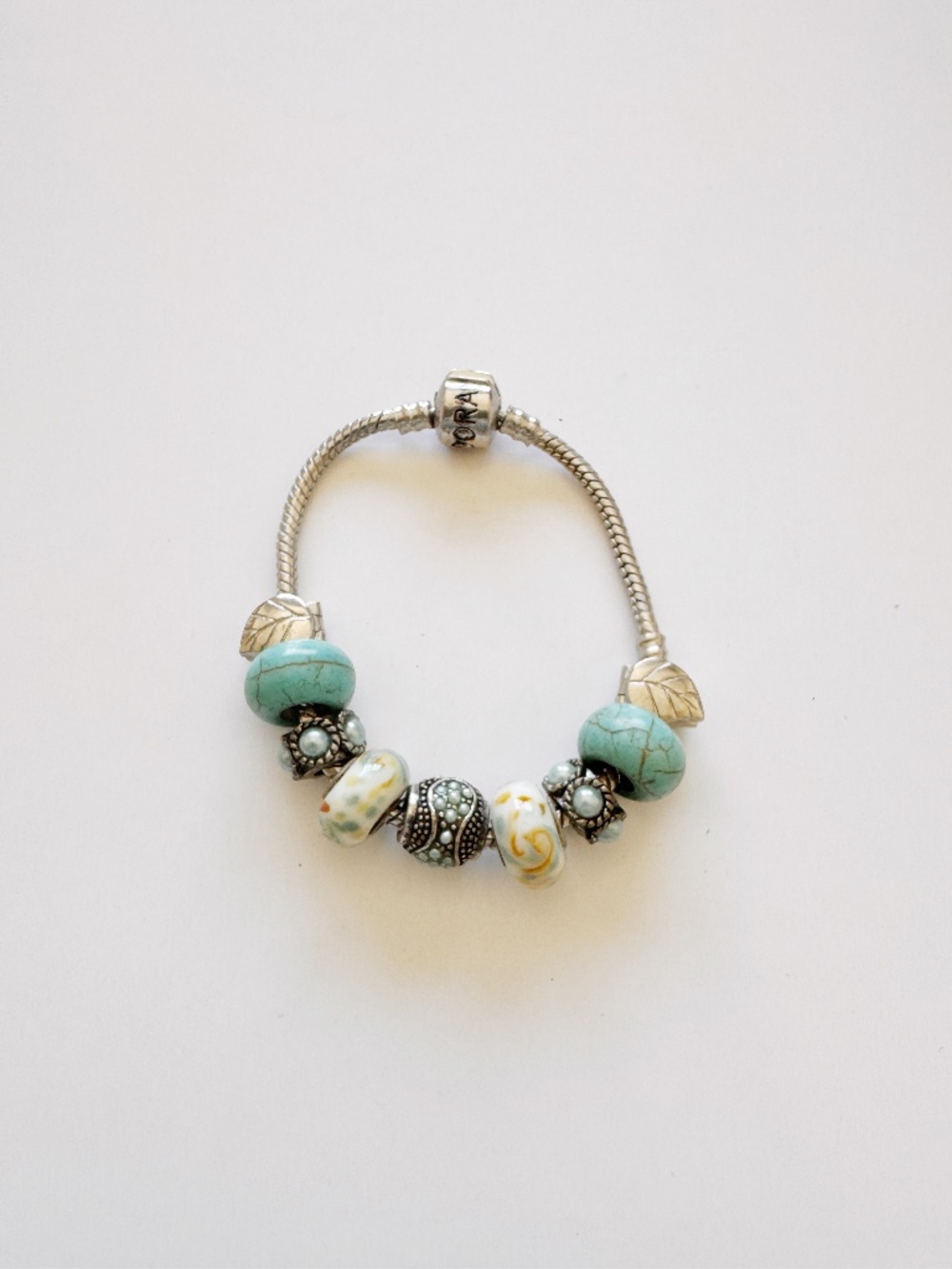 Silver Tone Charm Bracelet Turquoise Beads European Style Snake Chain